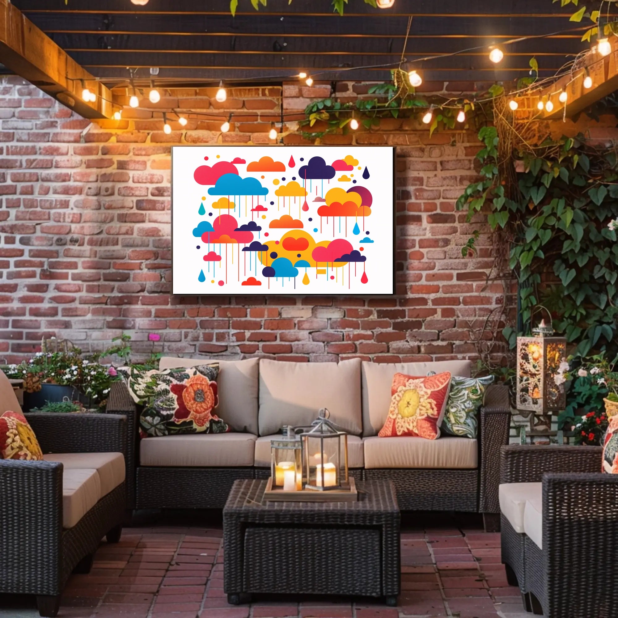 Whimsical Multicolored Clouds Raindrops Abstract Artistic Poster PosterGoat