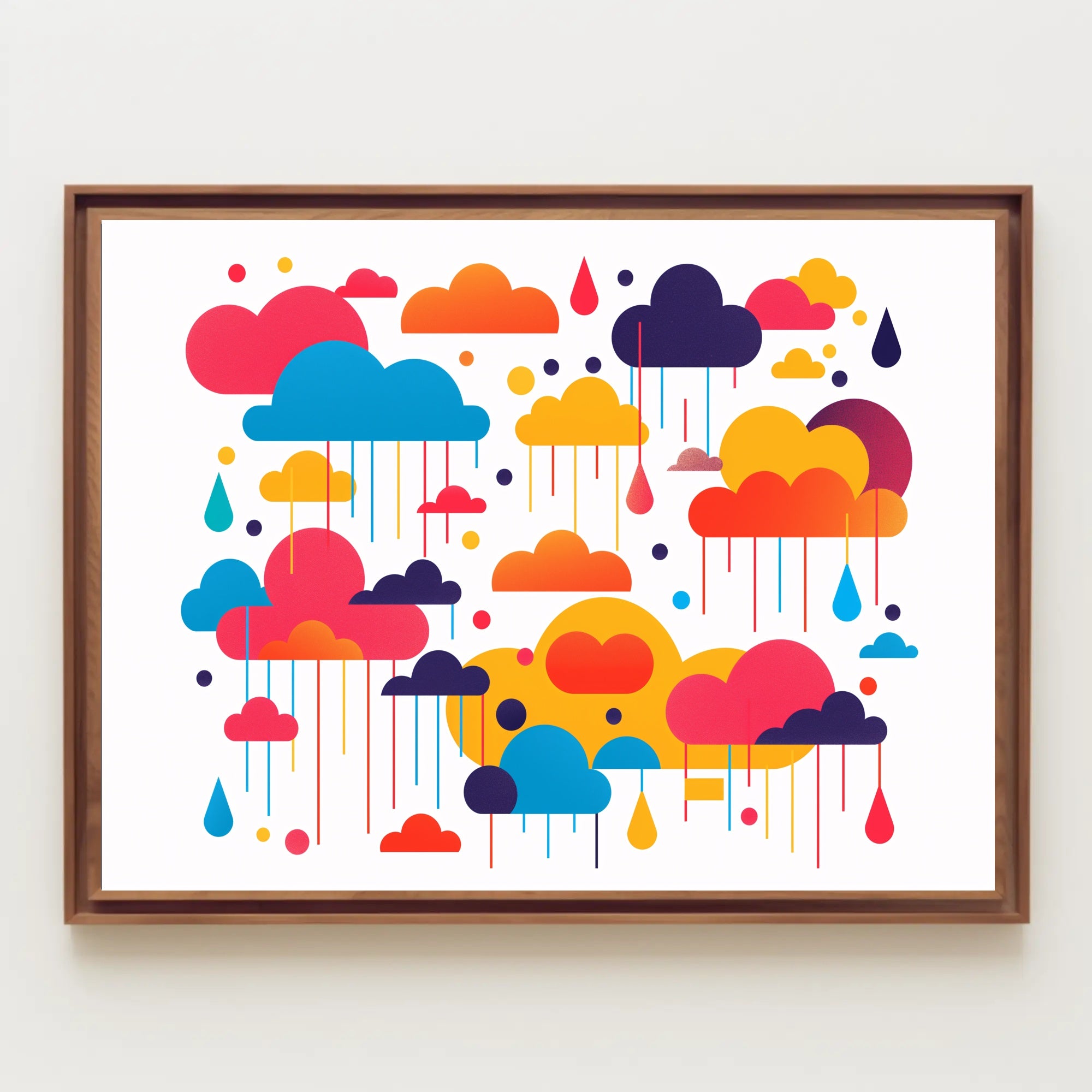 Whimsical Multicolored Clouds Raindrops Abstract Artistic Poster PosterGoat