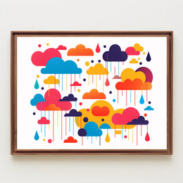 Whimsical Multicolored Clouds Raindrops Abstract Artistic Poster PosterGoat