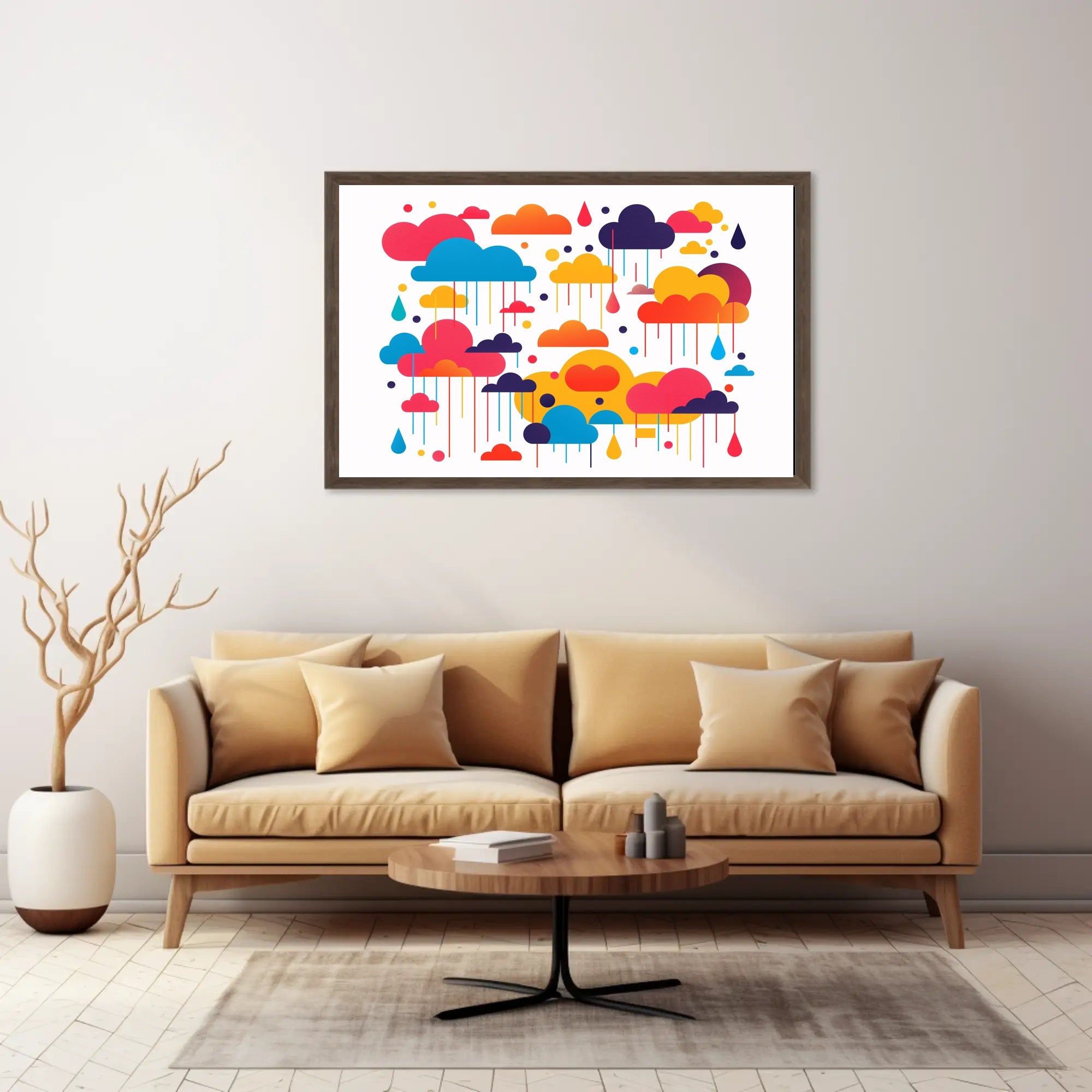 Whimsical Multicolored Clouds Raindrops Abstract Artistic Poster PosterGoat