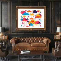 Whimsical Multicolored Clouds Raindrops Abstract Artistic Poster PosterGoat