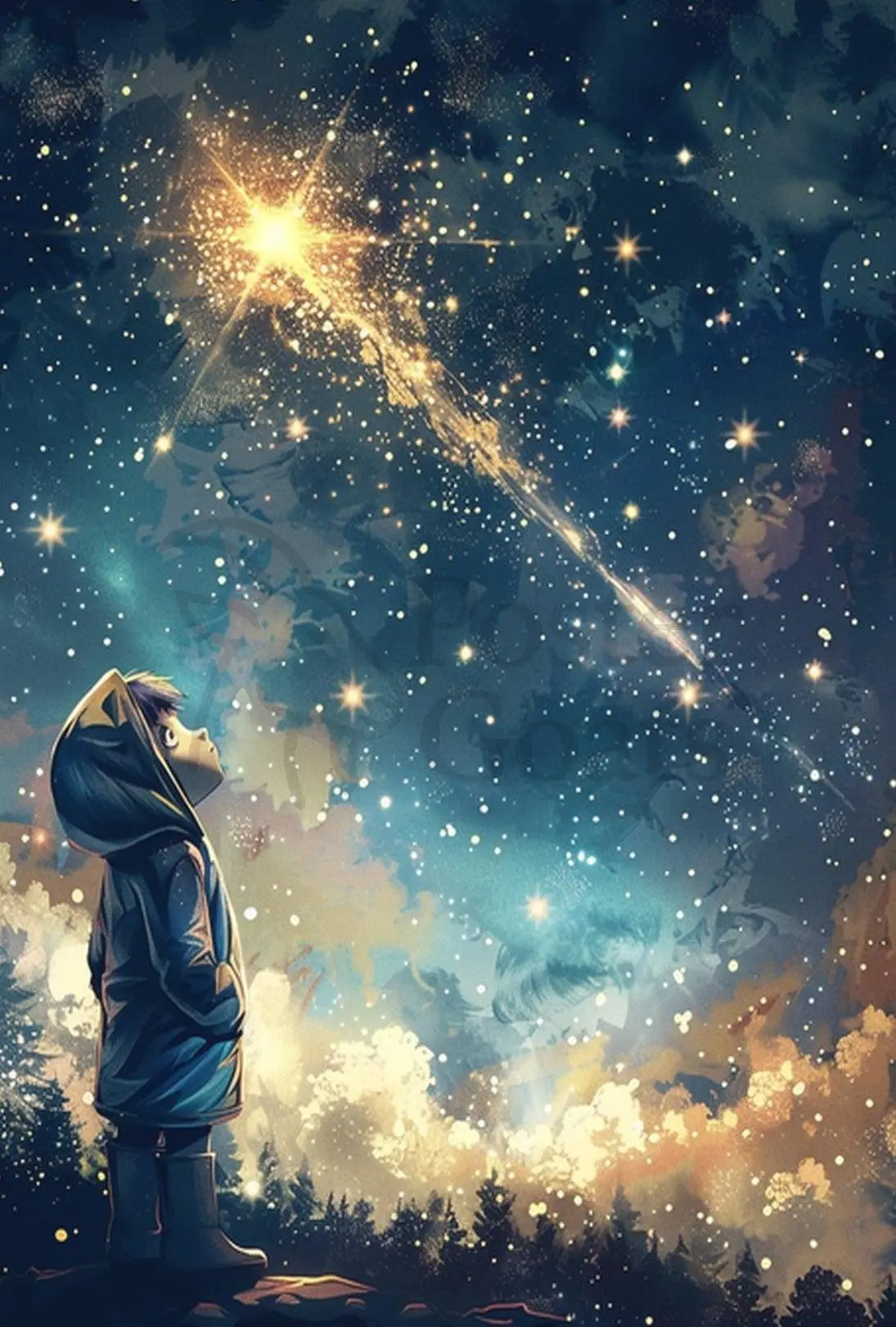 Whimsical Night Sky Adventure Artistic Poster PosterGoat