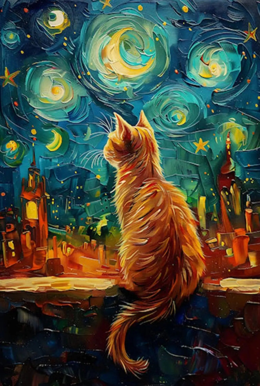 Whimsical Orange Cat Amidst Starry Night Artistic Poster PosterGoat