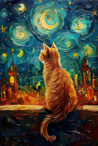 Whimsical Orange Cat Amidst Starry Night Artistic Poster PosterGoat