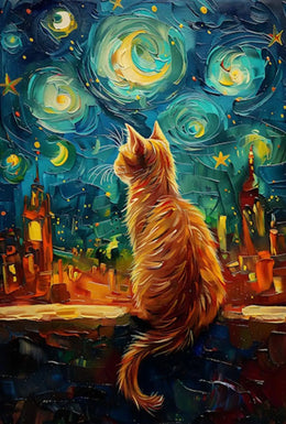 Whimsical Orange Cat Amidst Starry Night Artistic Poster PosterGoat