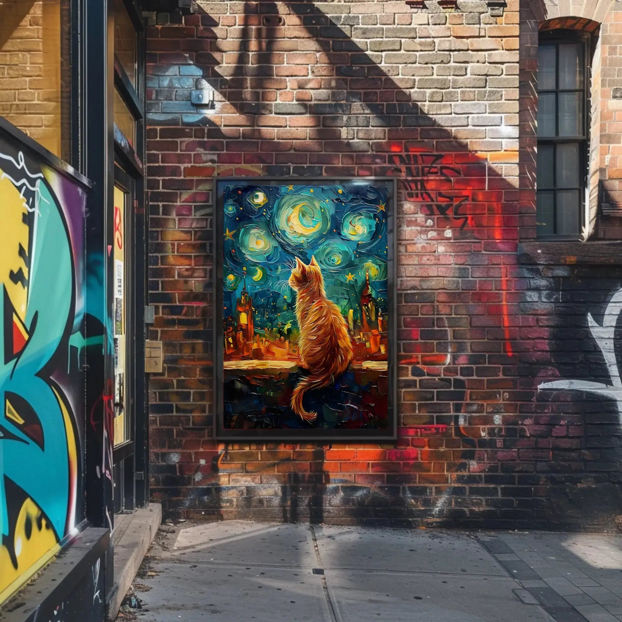 Whimsical Orange Cat Amidst Starry Night Artistic Poster PosterGoat