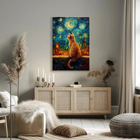 Whimsical Orange Cat Amidst Starry Night Artistic Poster PosterGoat