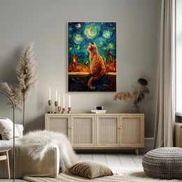 Whimsical Orange Cat Amidst Starry Night Artistic Poster PosterGoat