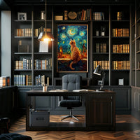 Whimsical Orange Cat Amidst Starry Night Artistic Poster PosterGoat