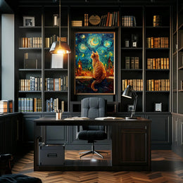 Whimsical Orange Cat Amidst Starry Night Artistic Poster PosterGoat