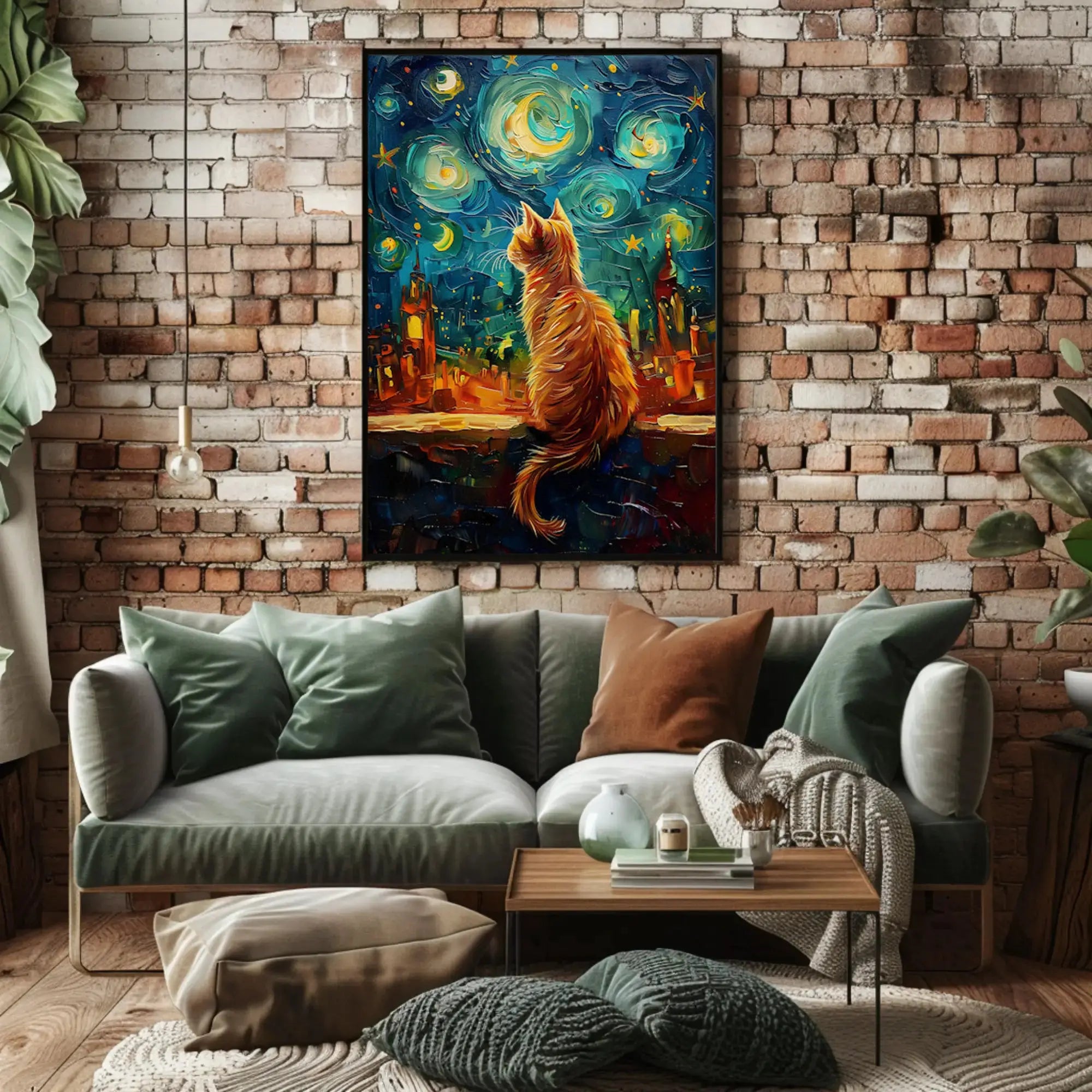 Whimsical Orange Cat Amidst Starry Night Artistic Poster PosterGoat