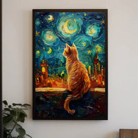 Whimsical Orange Cat Amidst Starry Night Artistic Poster PosterGoat