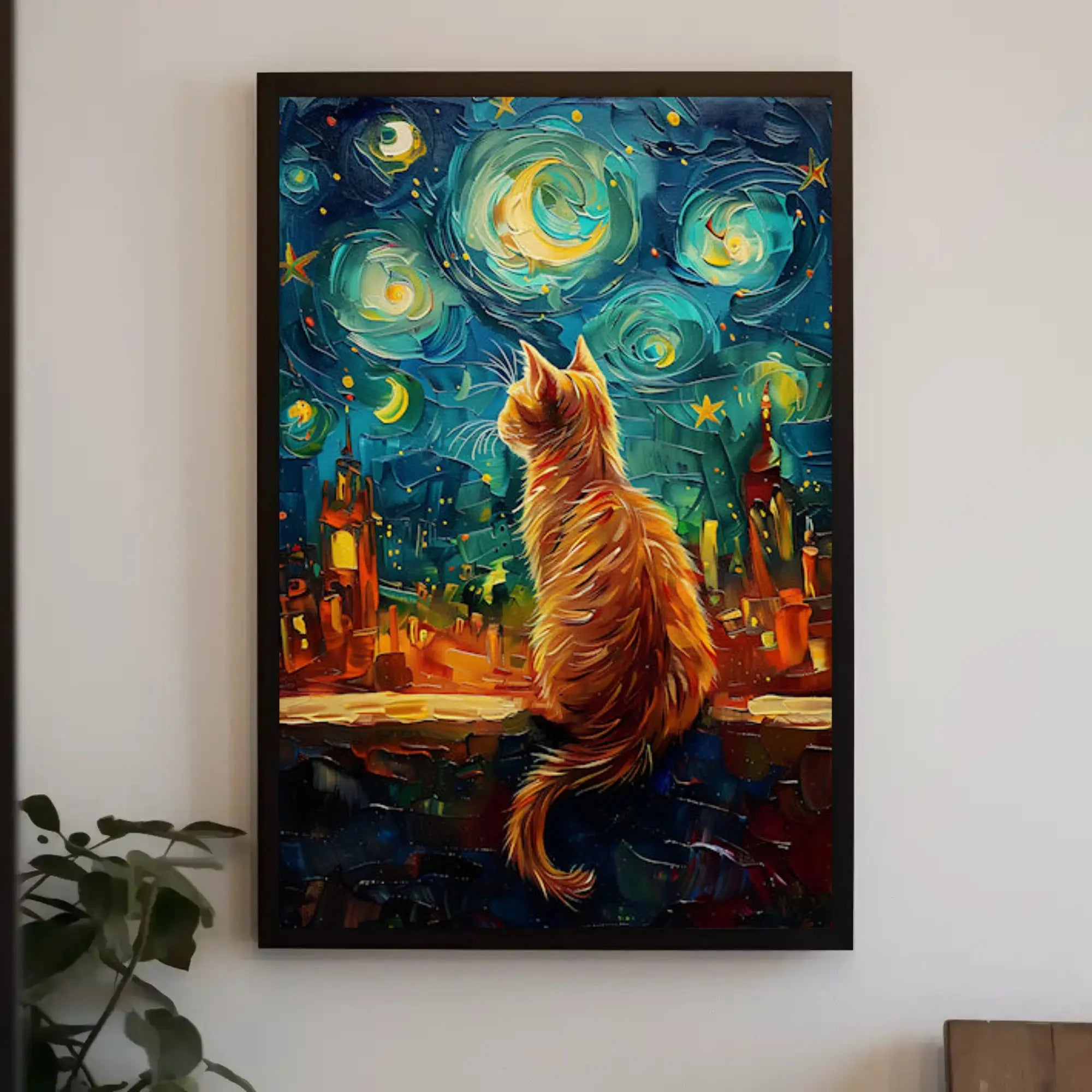 Whimsical Orange Cat Amidst Starry Night Artistic Poster PosterGoat