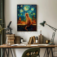 Whimsical Orange Cat Amidst Starry Night Artistic Poster PosterGoat