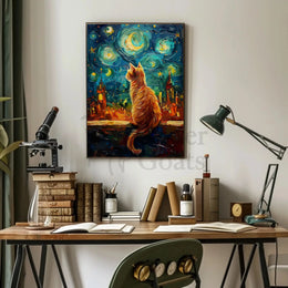 Whimsical Orange Cat Amidst Starry Night Artistic Poster PosterGoat