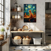Whimsical Orange Cat Amidst Starry Night Artistic Poster PosterGoat