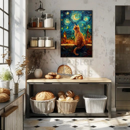 Whimsical Orange Cat Amidst Starry Night Artistic Poster PosterGoat