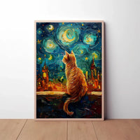 Whimsical Orange Cat Amidst Starry Night Artistic Poster PosterGoat
