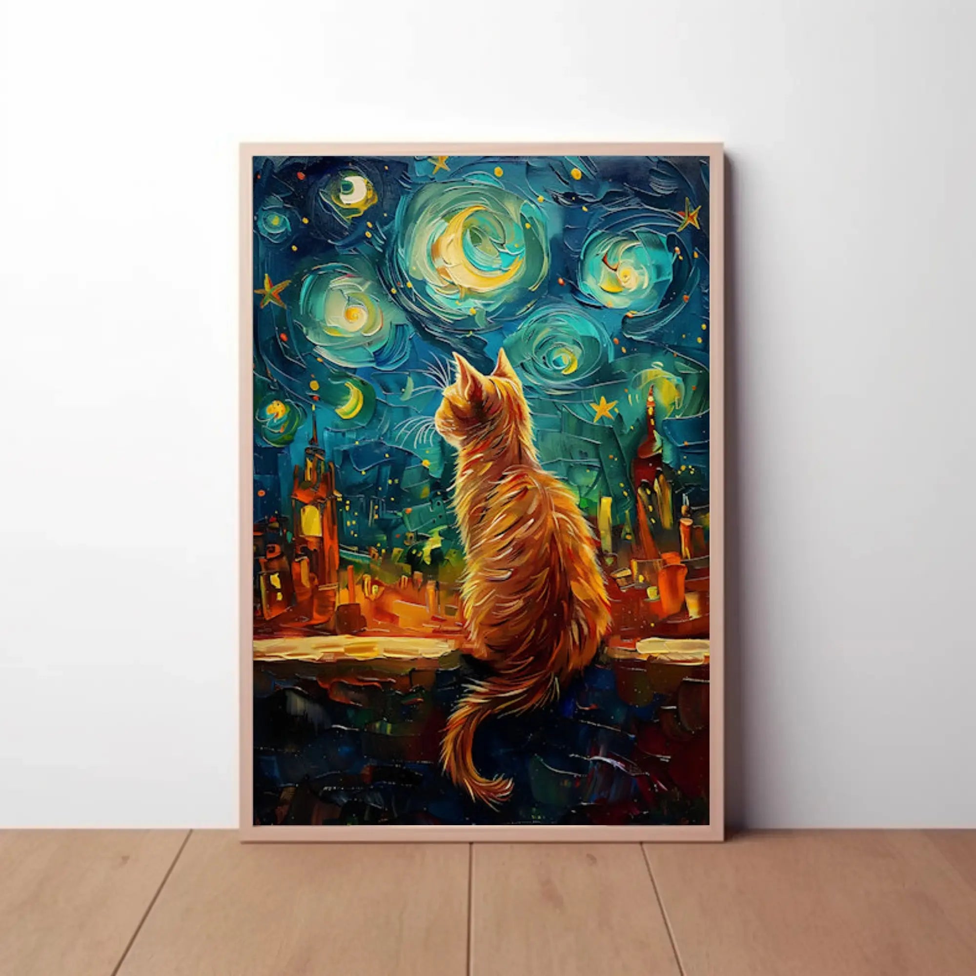 Whimsical Orange Cat Amidst Starry Night Artistic Poster PosterGoat