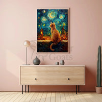 Whimsical Orange Cat Amidst Starry Night Artistic Poster PosterGoat