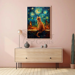 Whimsical Orange Cat Amidst Starry Night Artistic Poster PosterGoat