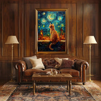 Whimsical Orange Cat Amidst Starry Night Artistic Poster PosterGoat