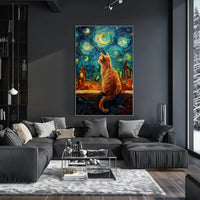 Whimsical Orange Cat Amidst Starry Night Artistic Poster PosterGoat