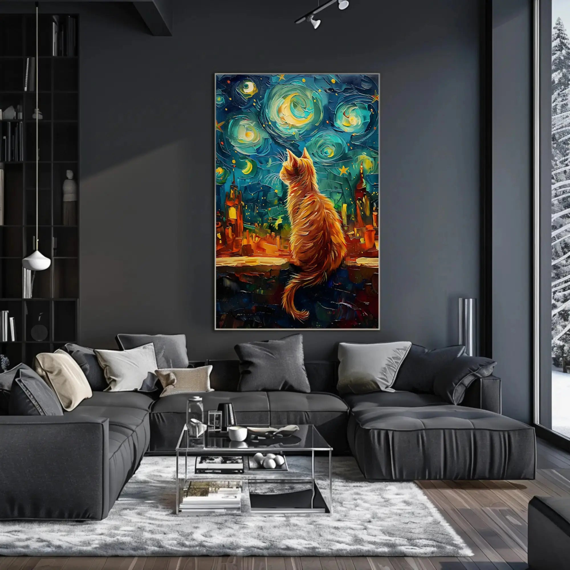 Whimsical Orange Cat Amidst Starry Night Artistic Poster PosterGoat