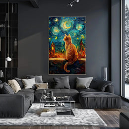 Whimsical Orange Cat Amidst Starry Night Artistic Poster PosterGoat