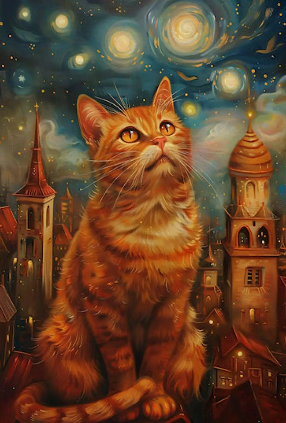 Whimsical Orange Cat Cityscape Art Print Poster PosterGoat