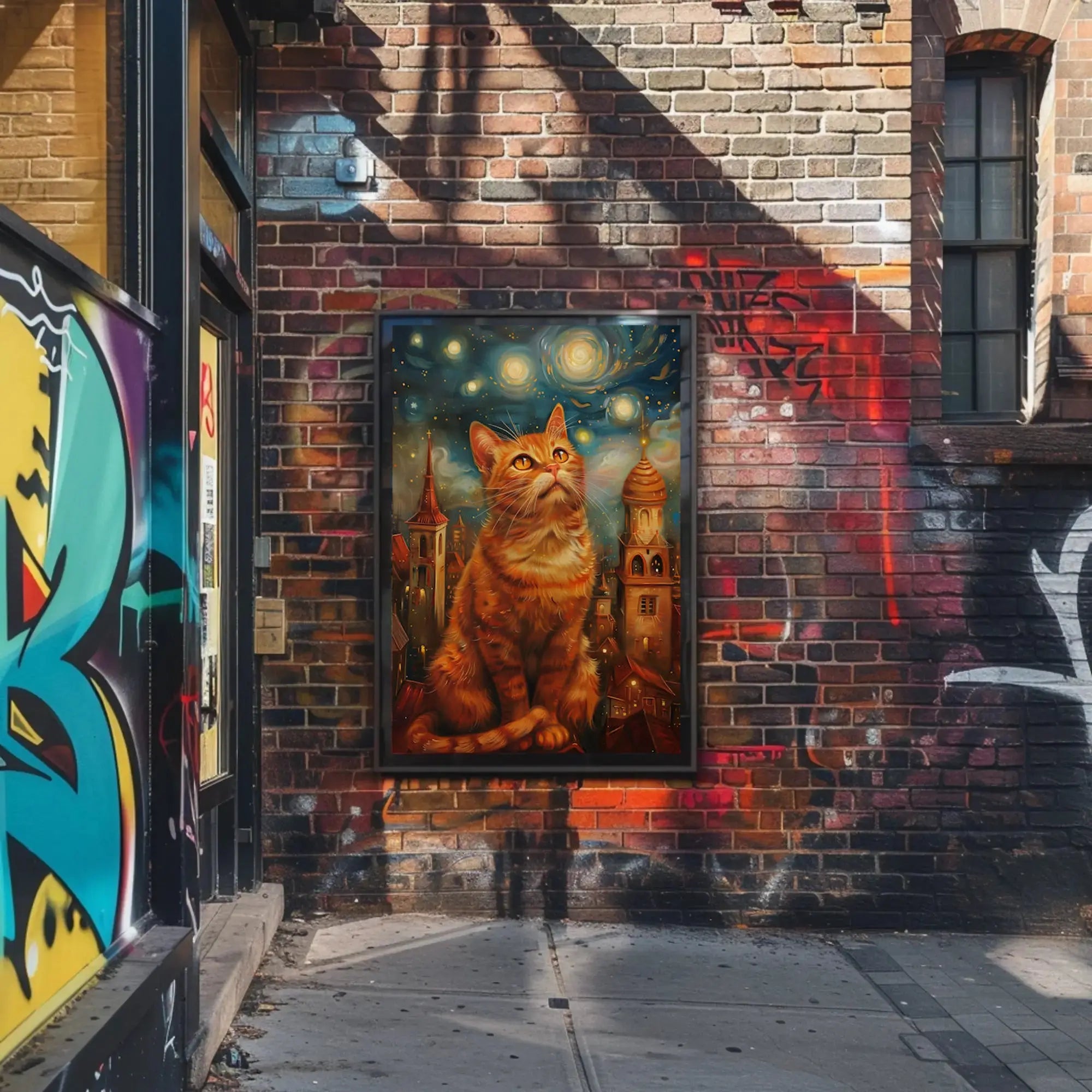 Whimsical Orange Cat Cityscape Art Print Poster PosterGoat