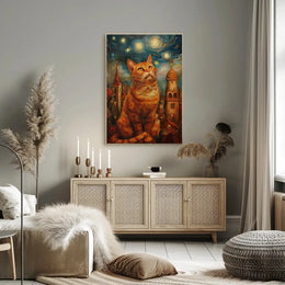 Whimsical Orange Cat Cityscape Art Print Poster PosterGoat
