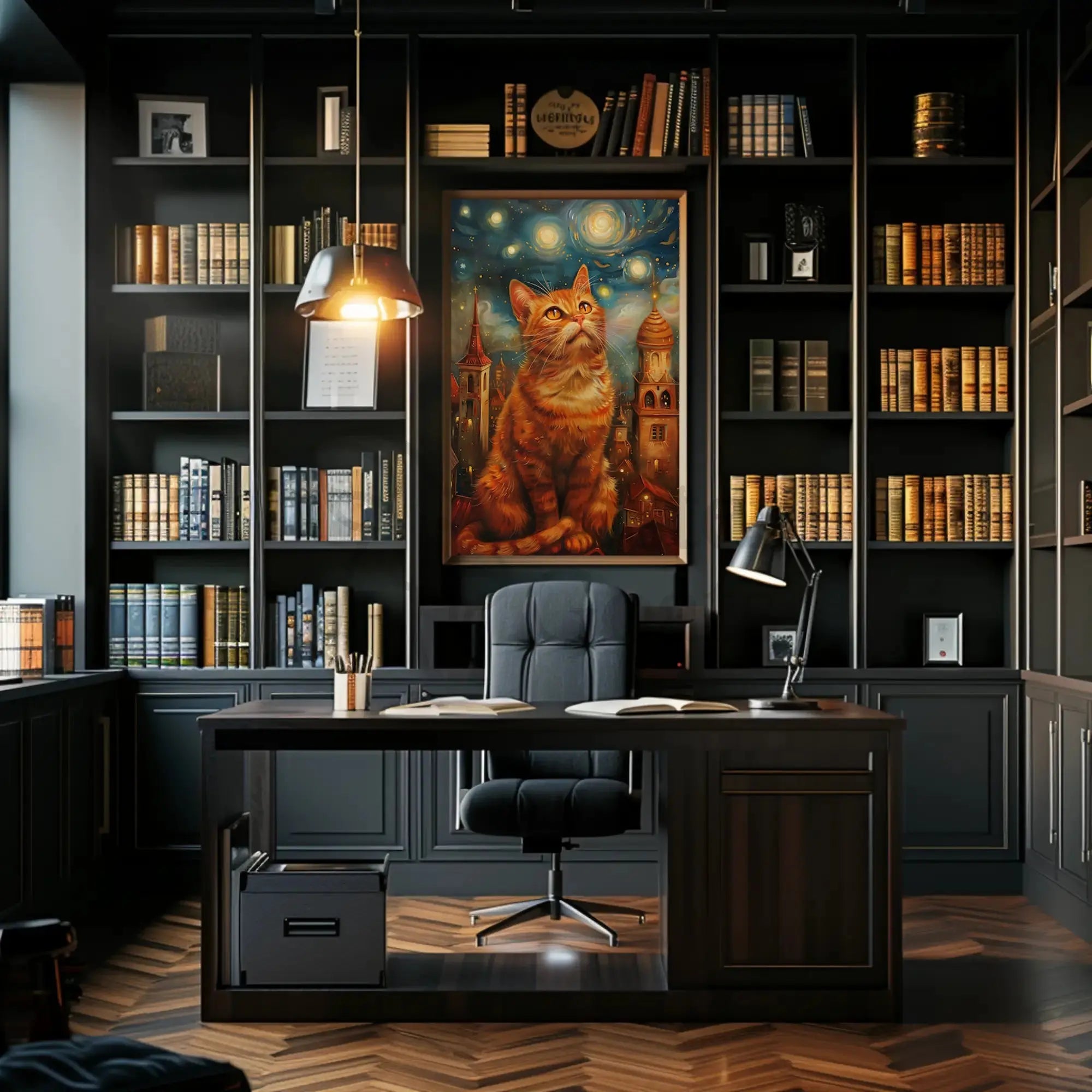 Whimsical Orange Cat Cityscape Art Print Poster PosterGoat