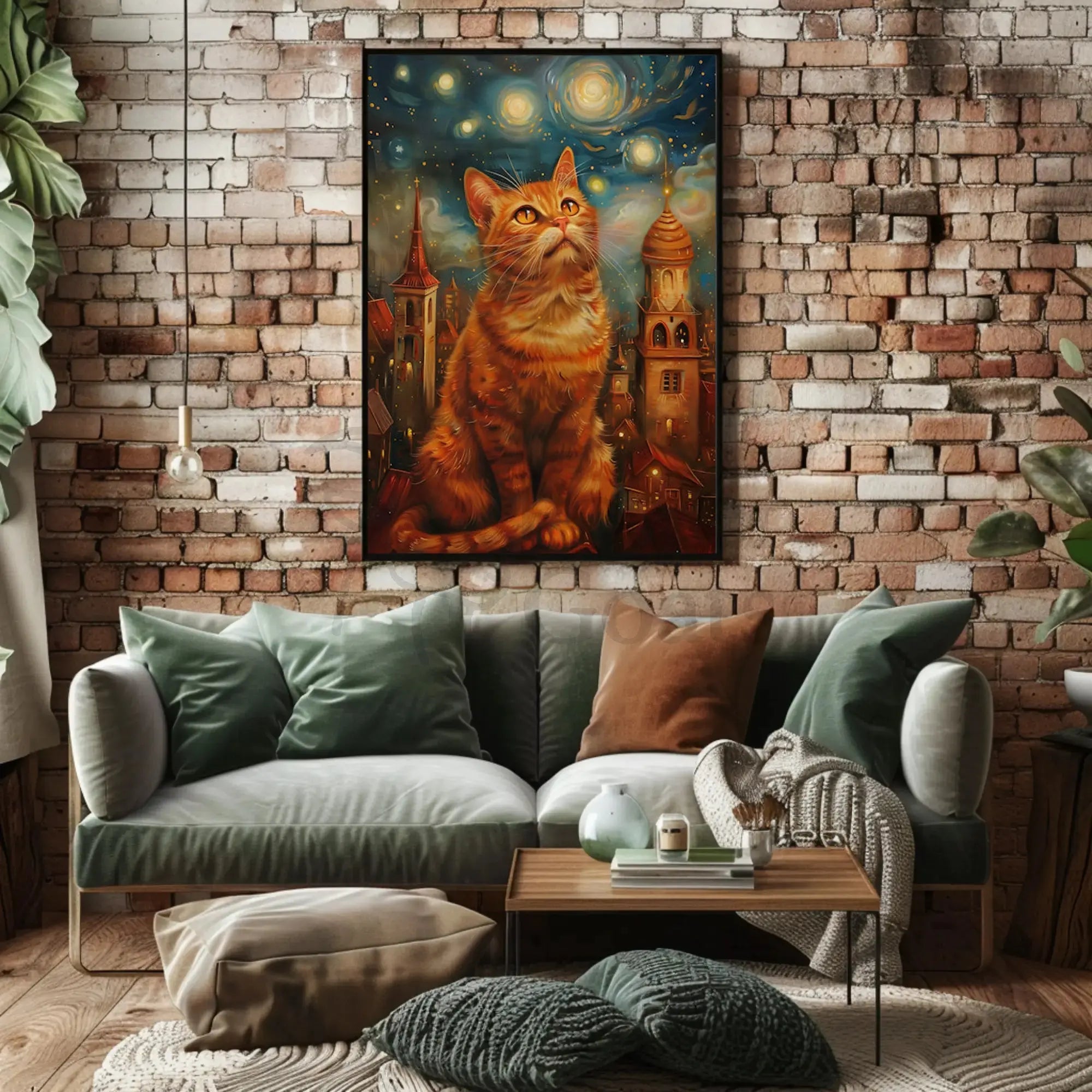 Whimsical Orange Cat Cityscape Art Print Poster PosterGoat