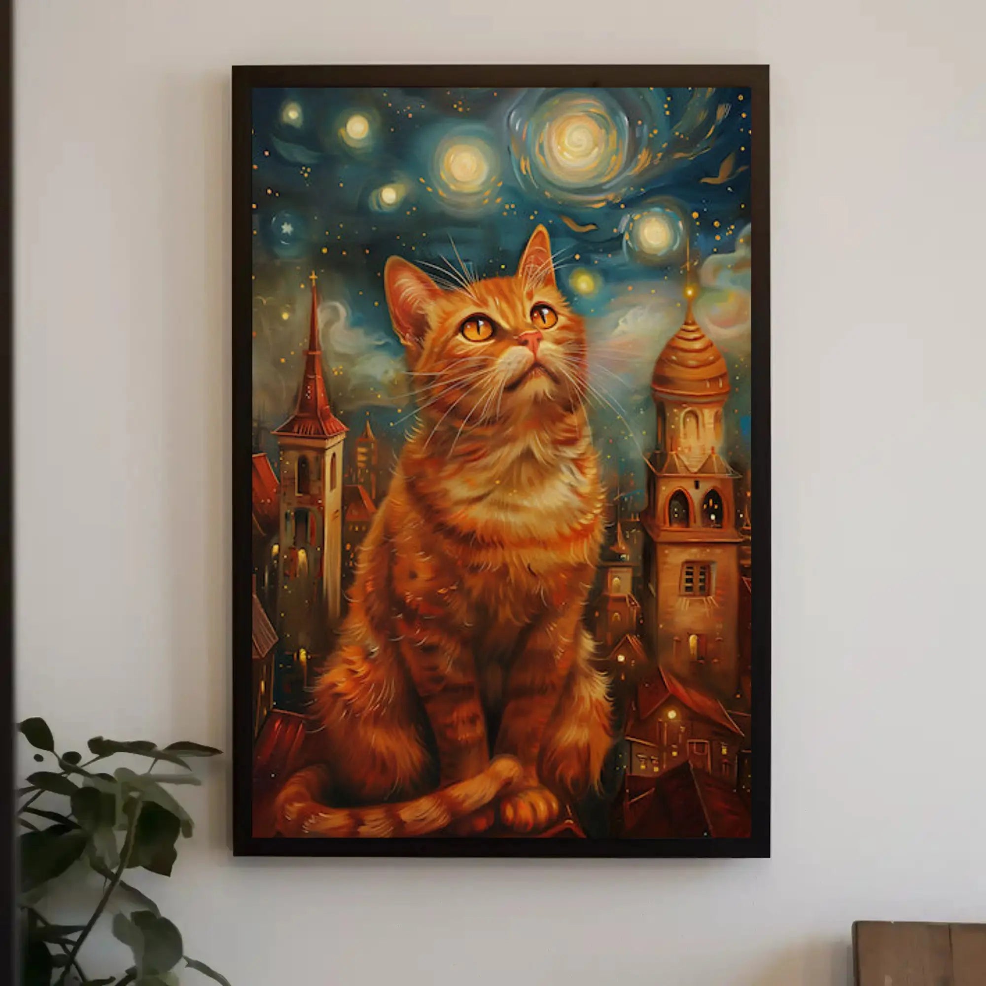 Whimsical Orange Cat Cityscape Art Print Poster PosterGoat