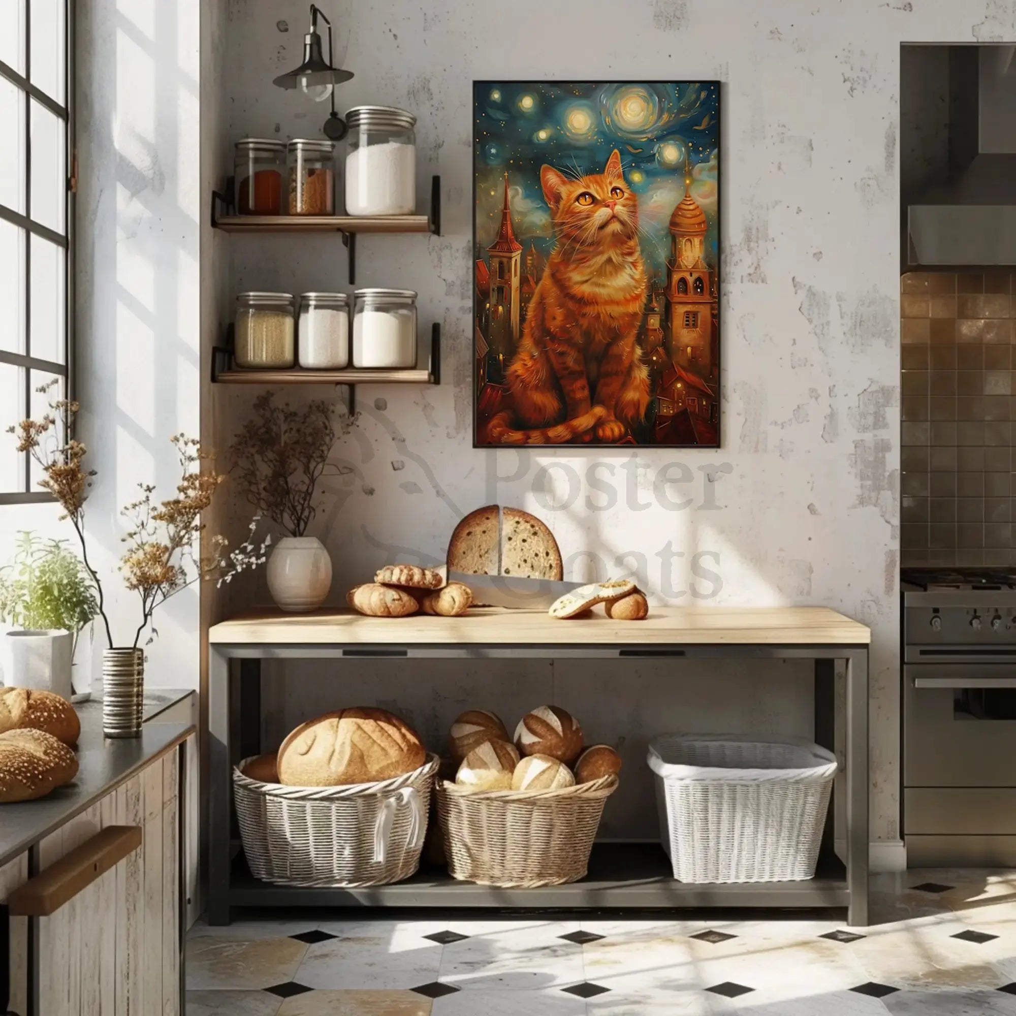 Whimsical Orange Cat Cityscape Art Print Poster PosterGoat