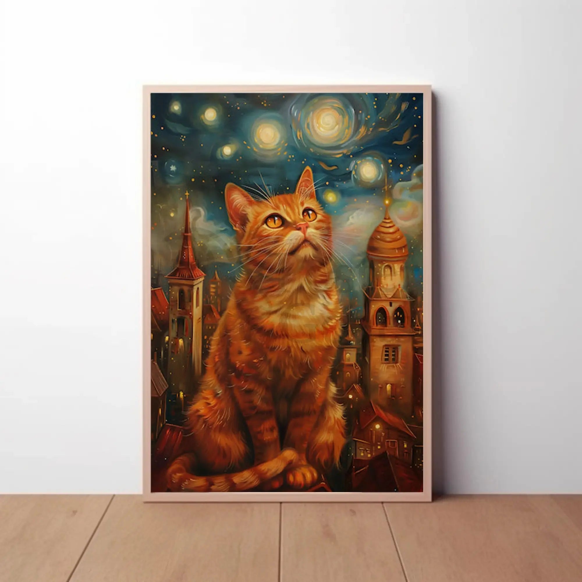 Whimsical Orange Cat Cityscape Art Print Poster PosterGoat