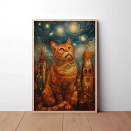 Whimsical Orange Cat Cityscape Art Print Poster PosterGoat
