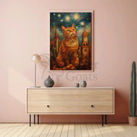 Whimsical Orange Cat Cityscape Art Print Poster PosterGoat