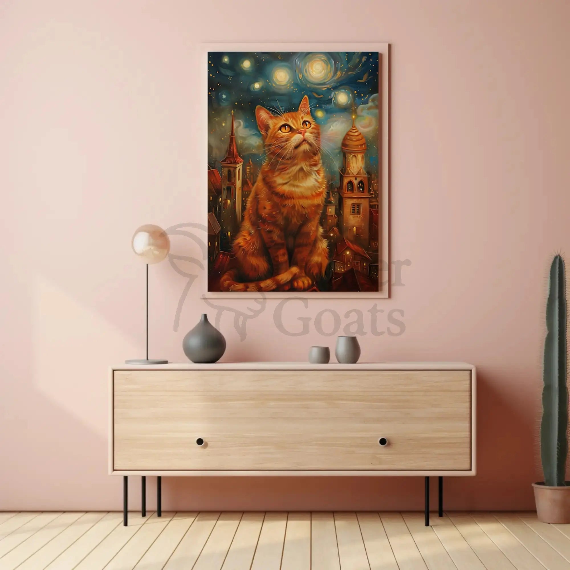 Whimsical Orange Cat Cityscape Art Print Poster PosterGoat