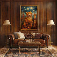 Whimsical Orange Cat Cityscape Art Print Poster PosterGoat
