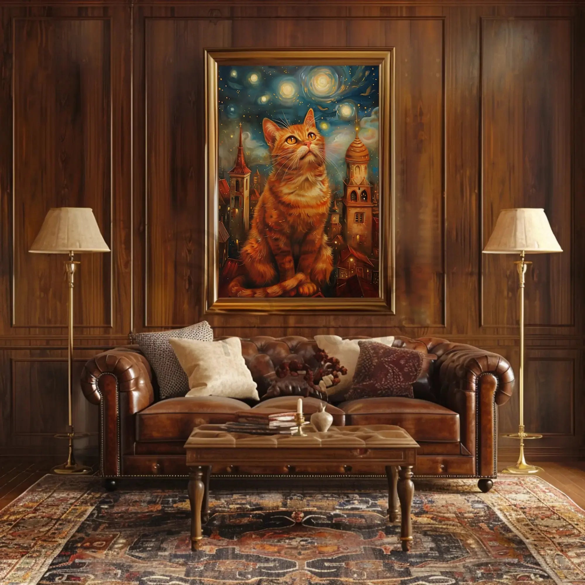 Whimsical Orange Cat Cityscape Art Print Poster PosterGoat