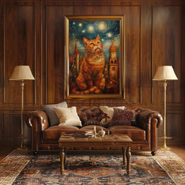 Whimsical Orange Cat Cityscape Art Print Poster PosterGoat