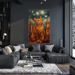 Whimsical Orange Cat Cityscape Art Print Poster PosterGoat