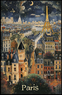 Whimsical Paris Nightscape: Enchanting Travel Poster PosterGoat