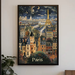 Whimsical Paris Nightscape: Enchanting Travel Poster PosterGoat
