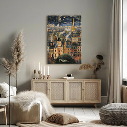 Whimsical Paris Nightscape: Enchanting Travel Poster PosterGoat