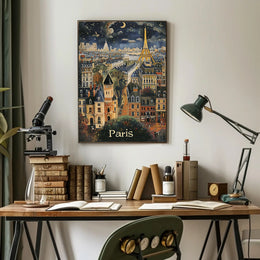 Whimsical Paris Nightscape: Enchanting Travel Poster PosterGoat