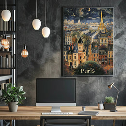 Whimsical Paris Nightscape: Enchanting Travel Poster PosterGoat
