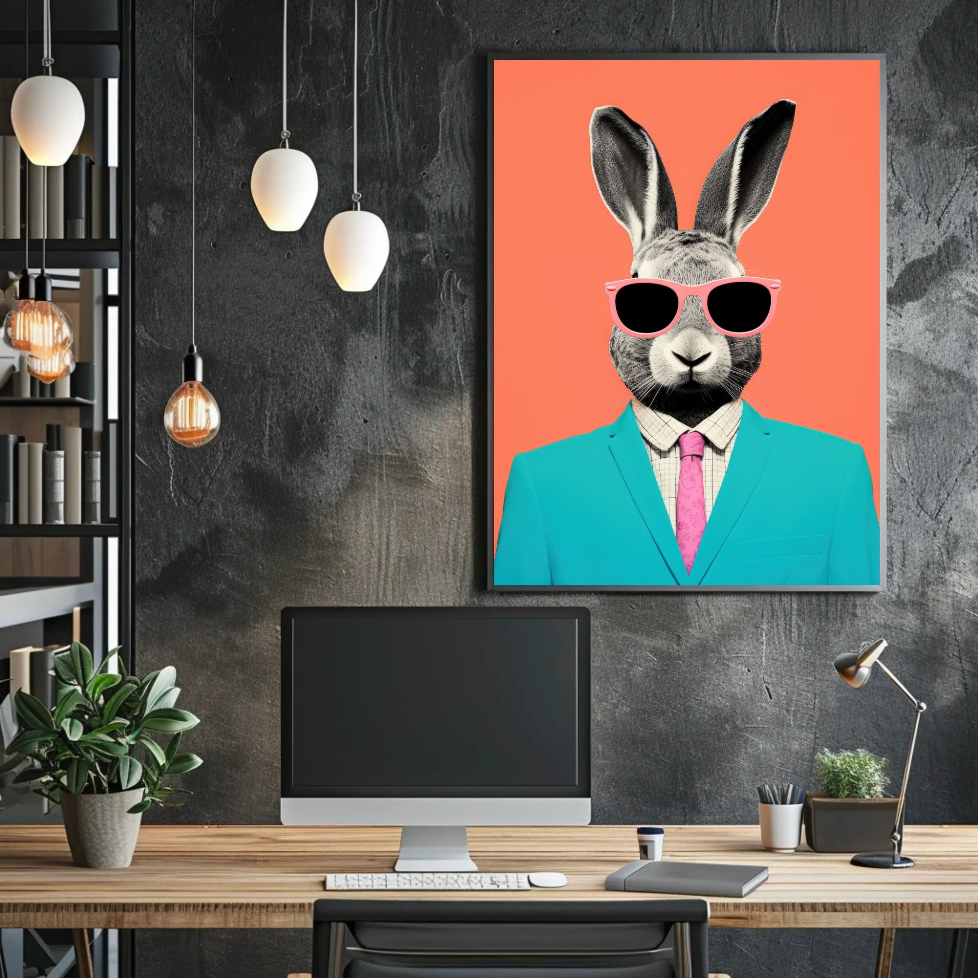 Whimsical Rabbit in Teal: Pop Culture Poster PosterGoat